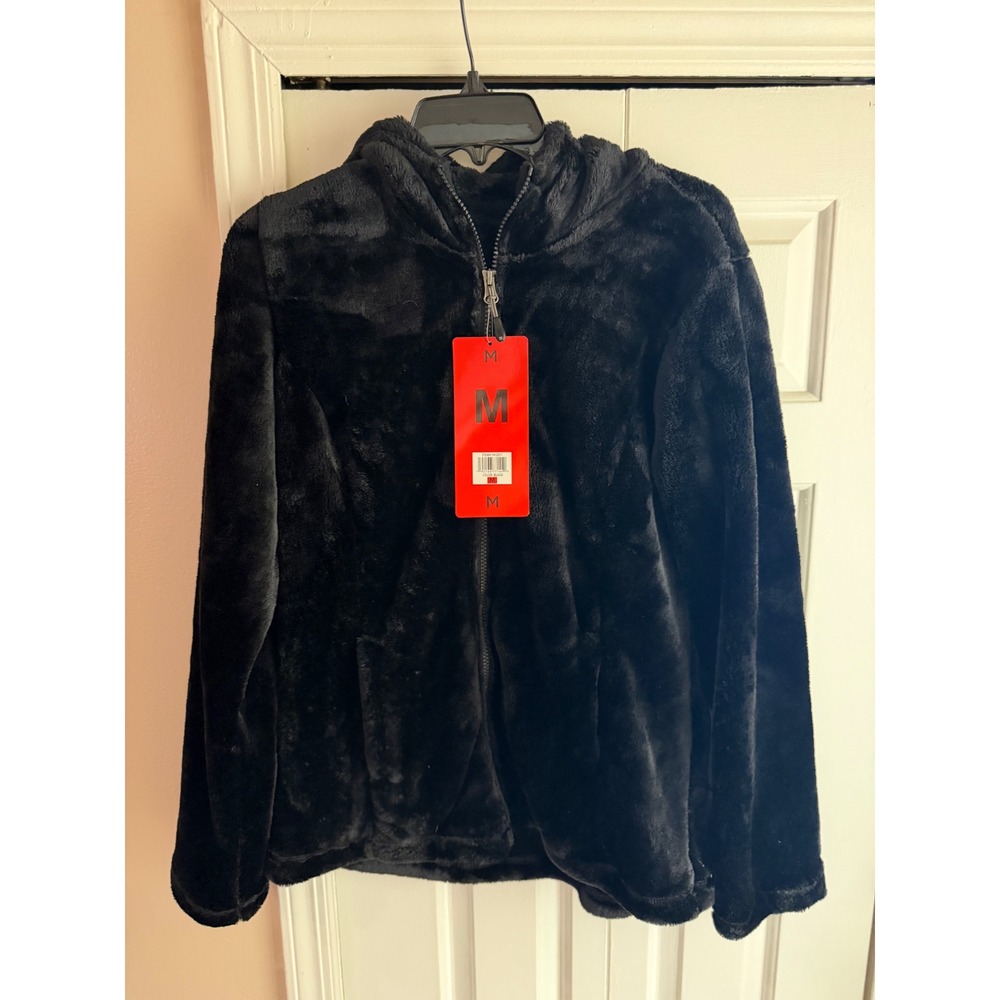 32 Degrees Heat Womens Black Plush Faux Fur Full Zip Hooded Jacket